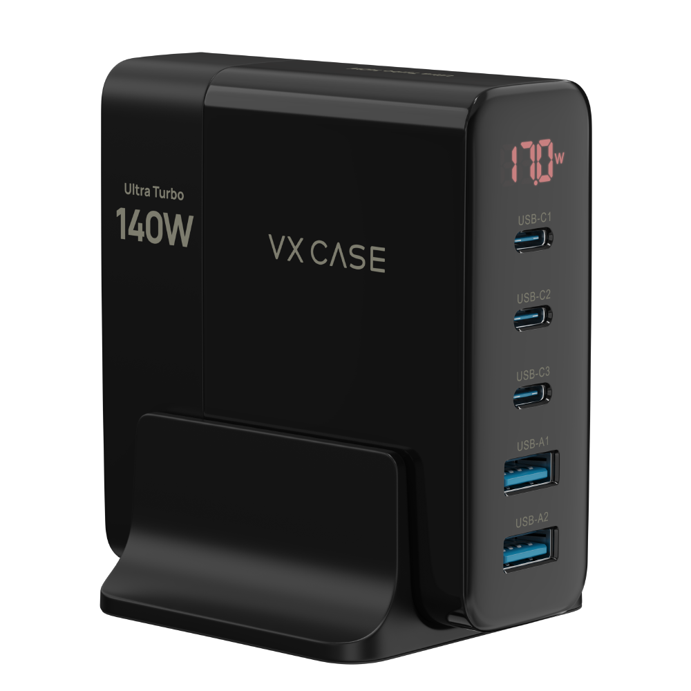 Novo Adaptador de Carga Powerful com 2 portas USB-A 3 USB-C 140W VX Case - Preto