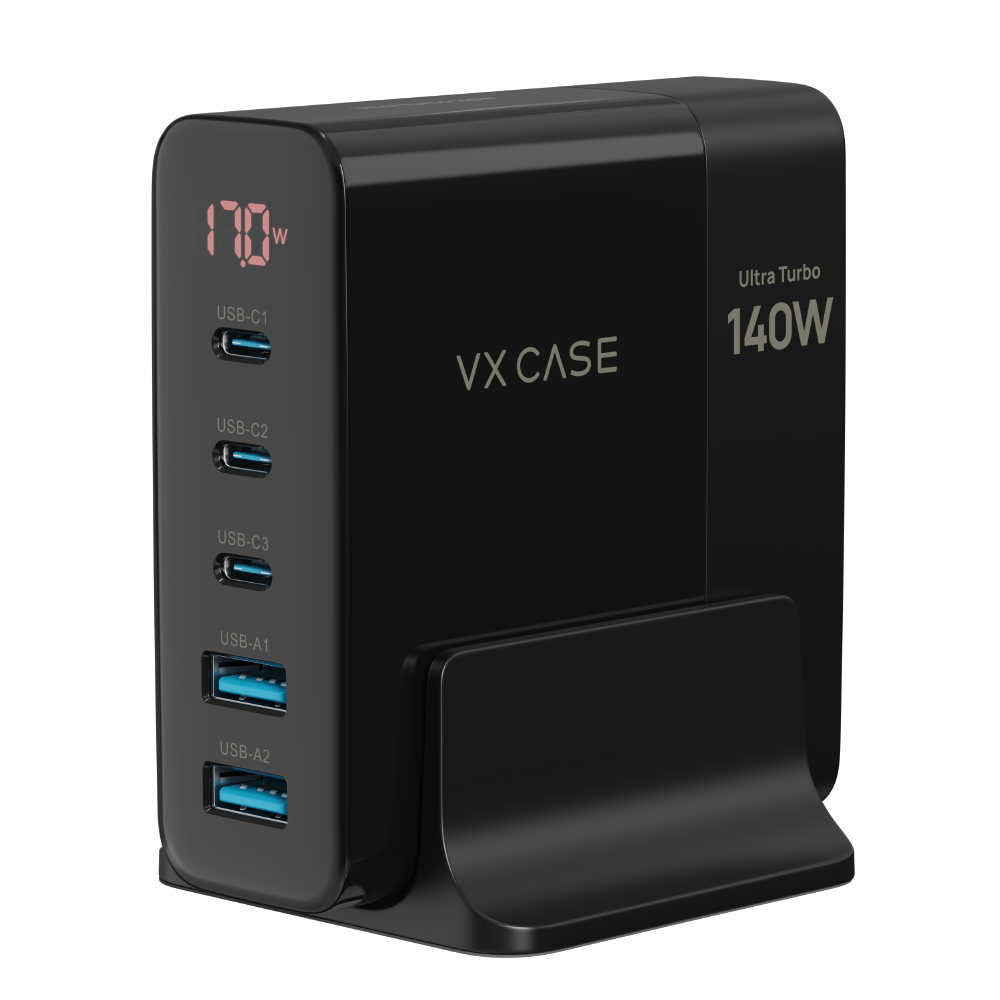 Novo Adaptador de Carga Powerful com 2 portas USB-A 3 USB-C 140W VX Case - Preto