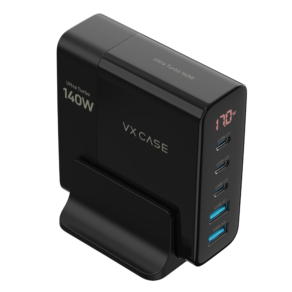 Novo Adaptador de Carga Powerful com 2 portas USB-A 3 USB-C 140W VX Case - Preto