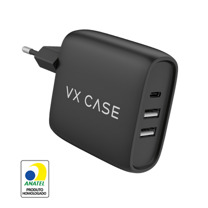 Carregador de Parede com 2 portas USB + 1 Type-C Turbo 32W Turbo Preto Fosco
