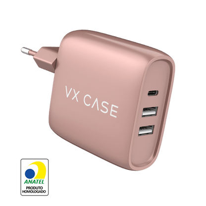 Carregador de Parede com 2 portas USB + 1 Type-C Turbo 32W Turbo Rose